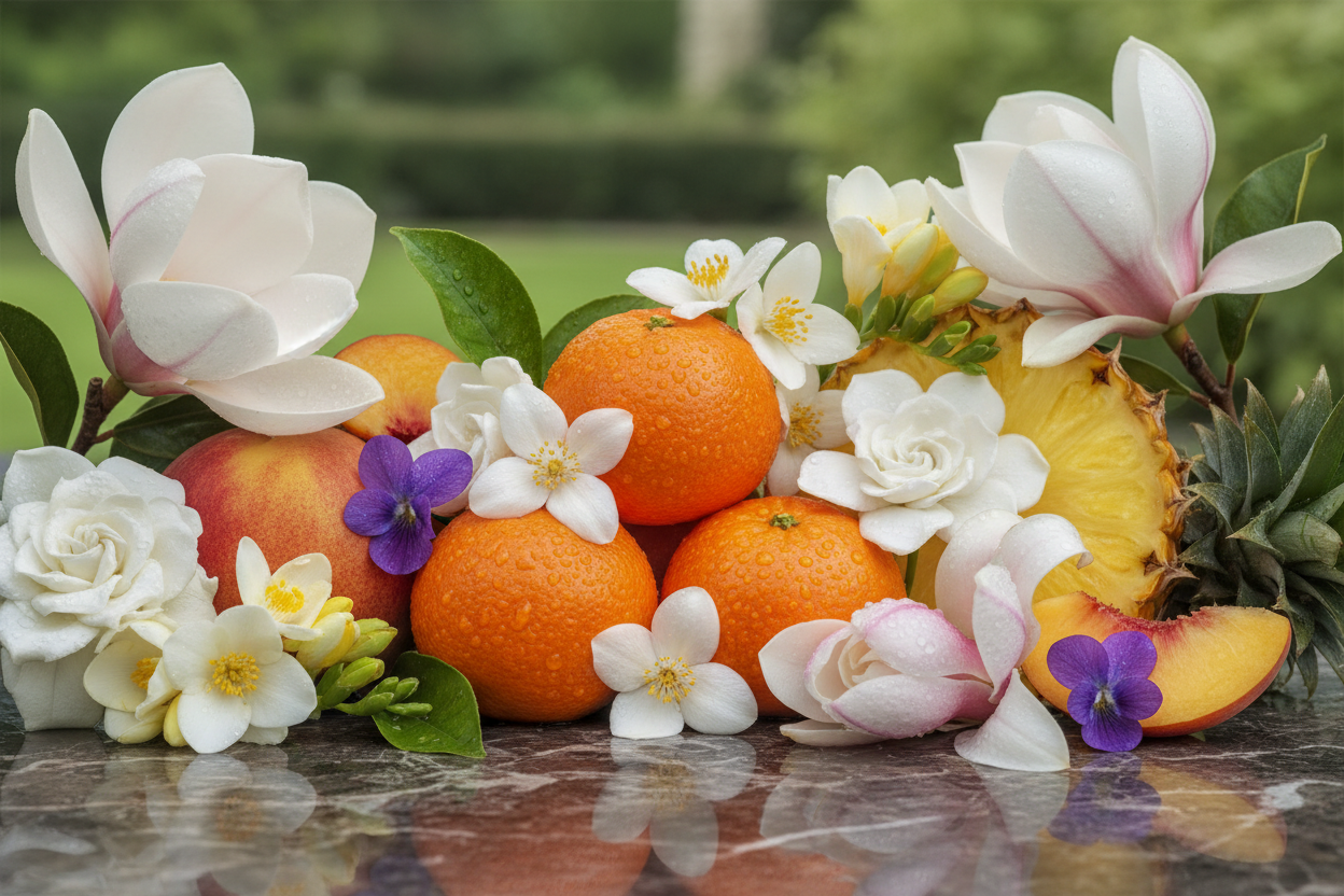 Clementine, rain, jasmine, fressia, gardenia, lily, violet, peach, pineapple, magnolia